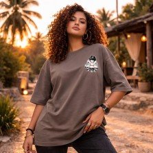 Oversized Brown Graphic T-Shirt with Anime Print Back Design