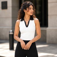 White Ribbed Sleeveless Polo Top for Women
