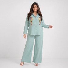 Women's Mist Blue Floral Embroidered Mal Cotton Co-Ord Set
