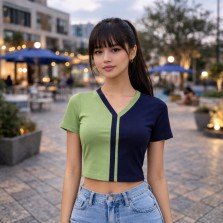 Women color block V neck short sleeve crop top in green and navy blue, front view