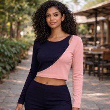 Women’s color block asymmetric full sleeve ribbed crop top in pink and navy blue, front view, free size fit
