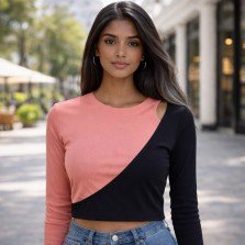 Women’s color block asymmetric full sleeve ribbed crop top in pink and black, front view, free size fit