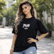 Female model wearing a black Naruto oversized anime t-shirt with a Pain chest graphic and casual oversized silhouette