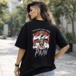Female model displaying the back design of a black Naruto t-shirt featuring Pain character artwork and anime graphic print