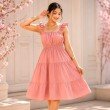 Blush Reverie pastel pink midi dress with ruffle straps and tiered skirt