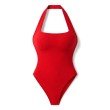 Cherry red halter neck bodysuit for women featuring a sleek body-contouring fit
