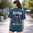 Female model displaying the back graphic of a Dragon Ball oversized t-shirt featuring a bold Goku anime illustration