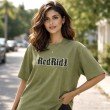 Female model wearing an olive green Vegeta oversized anime t-shirt with a relaxed streetwear fit