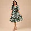 Women's green floral print midi dress with smocked waist and puff sleeves front view