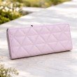 Back side of lilac quilted long wallet for women in textured PU leather finish