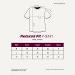 Men relaxed fit T-shirt size chart showing chest, shoulder, sleeve, and length measurements in inches.