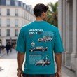 Men Mercedes blue oversized crew neck graphic t-shirt with automotive artwork on back, back view