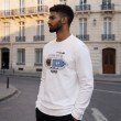 Side view of men white cotton printed full sleeve crew neck T-shirt designed for comfortable and versatile casual styling.