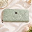 Mint green zip around long wallet for women with textured finish and metal logo detail