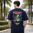 Male model showcasing the back of a dark blue Naruto t-shirt with a large Kakashi Hatake anime character print