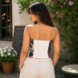 Back view of women's geometric bandeau top with fully smocked stretchable back for a comfortable fit.