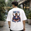 Male model showcasing the back of a white One Piece t-shirt featuring Monkey D. Luffy graphic artwork