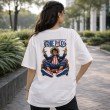 Female model displaying the back graphic of a white One Piece t-shirt featuring Monkey D. Luffy artwork