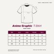 Anime graphic oversized T-shirt size chart showing chest, length, shoulder, and sleeve measurements in inches for unisex sizes M, L, XL, and XXL, with a measurement guide illustration and sizing reference table