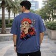 Back view of unisex blue oversized cotton T-shirt featuring Jujutsu Kaisen Yuji Itadori anime artwork.