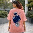 Back view of pink oversized anime T-shirt with Gojo Satoru graphic print from Jujutsu Kaisen worn by female model