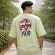 Back view of unisex sage green oversized cotton T-shirt featuring Naruto Pain anime artwork graphic print.