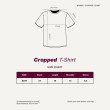 Women cropped T-shirt size chart showing chest, length, shoulder and sleeve measurements in inches for perfect fit selection