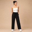 Women's black wide leg trousers with elasticated drawstring waistband and side pockets