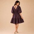 Back view of chocolate brown midi dress with tie-back neckline and elasticated waist detail
