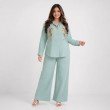 Women's mist blue Mal Cotton co-ord set with floral embroidery and wide leg trousers