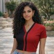Women’s black color block V neck short sleeve crop top front view with modern cropped silhouette