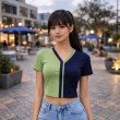 Women color block V neck short sleeve crop top in green and navy blue, front view