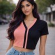 Women color block V neck short sleeve crop top in pink and black, front view