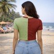 Women color block V neck short sleeve crop top in red and green, back view
