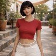 Women's red ribbed cotton jersey crop top with short sleeves and lettuce hem, fitted casual summer top front view.