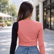 Women’s color block asymmetric full sleeve ribbed crop top in pink and black, back view, free size fit