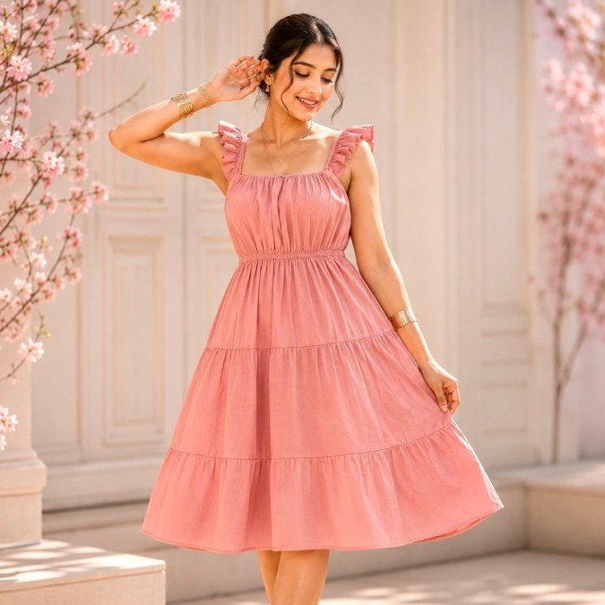 Blush Reverie pastel pink midi dress with ruffle straps and tiered skirt