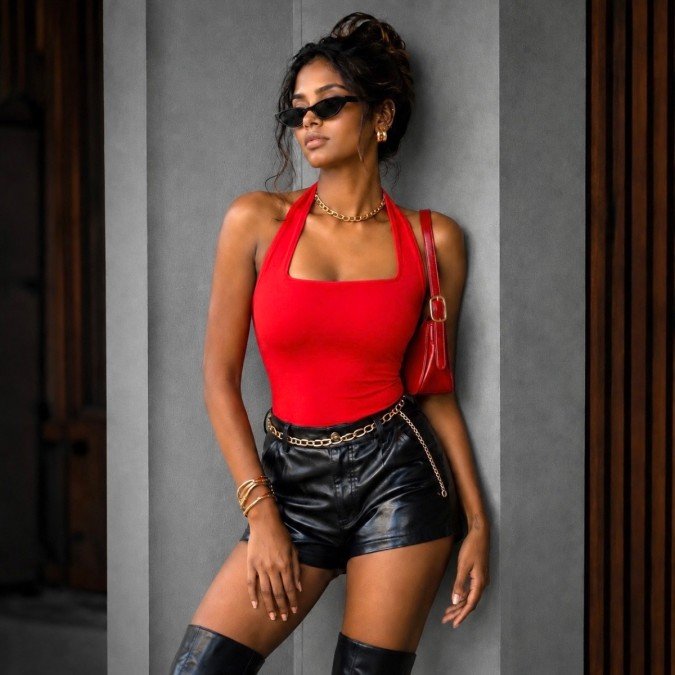 Woman wearing a cherry red halter neck bodysuit styled with black leather shorts