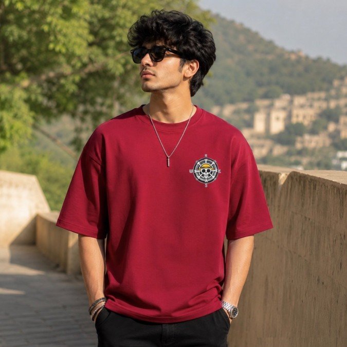 Male model wearing a maroon One Piece oversized t-shirt featuring a pirate emblem chest graphic and relaxed streetwear fit.