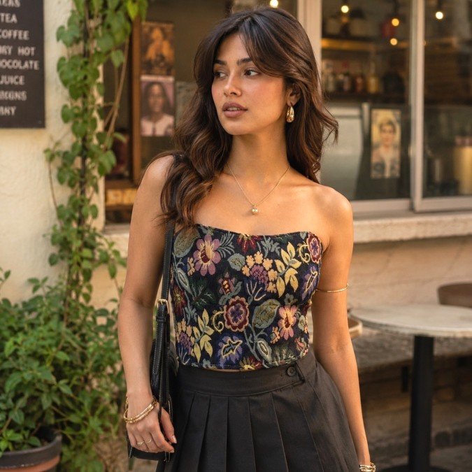 Women's Midnight Botanica floral tube top with vintage botanical print front view
