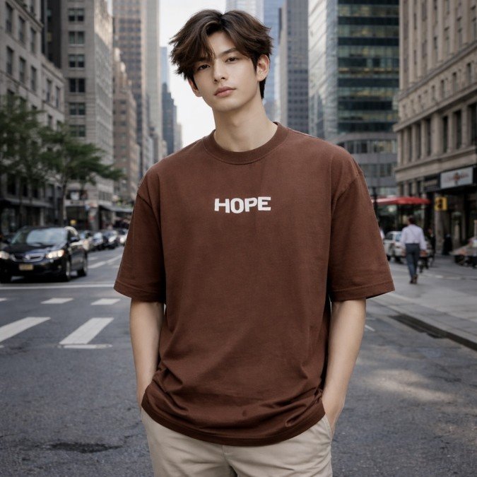 Men's brown oversized 100% cotton crew neck T-shirt with minimal chest text print and relaxed streetwear fit.
