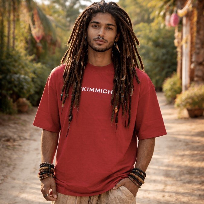 Men's red oversized cotton crew neck T-shirt with minimal chest print and relaxed streetwear fit front view.