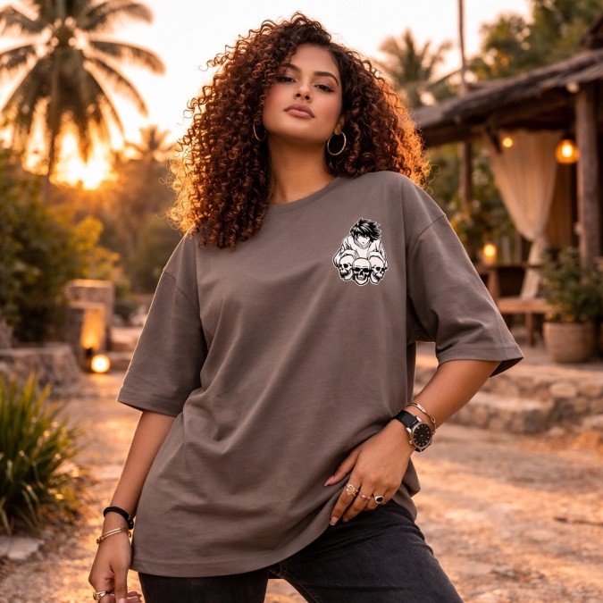 Oversized Brown Graphic T-Shirt with Anime Print Back Design