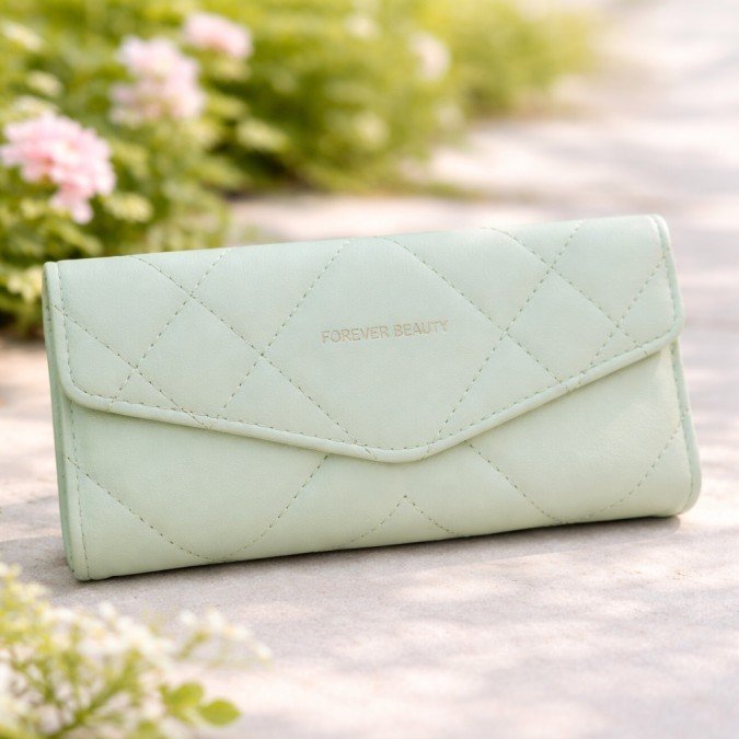 Sage green quilted long wallet for women with flap closure and gold logo detail