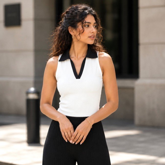 White ribbed sleeveless polo top for women featuring a black contrast collar and V-neck front view.