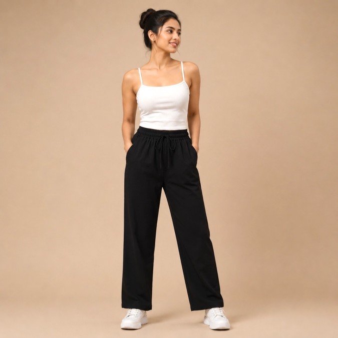 Women's black wide leg trousers with elasticated drawstring waistband and side pockets
