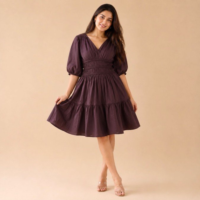 Women's chocolate brown midi dress featuring a smocked waist, V-neckline and puff sleeves