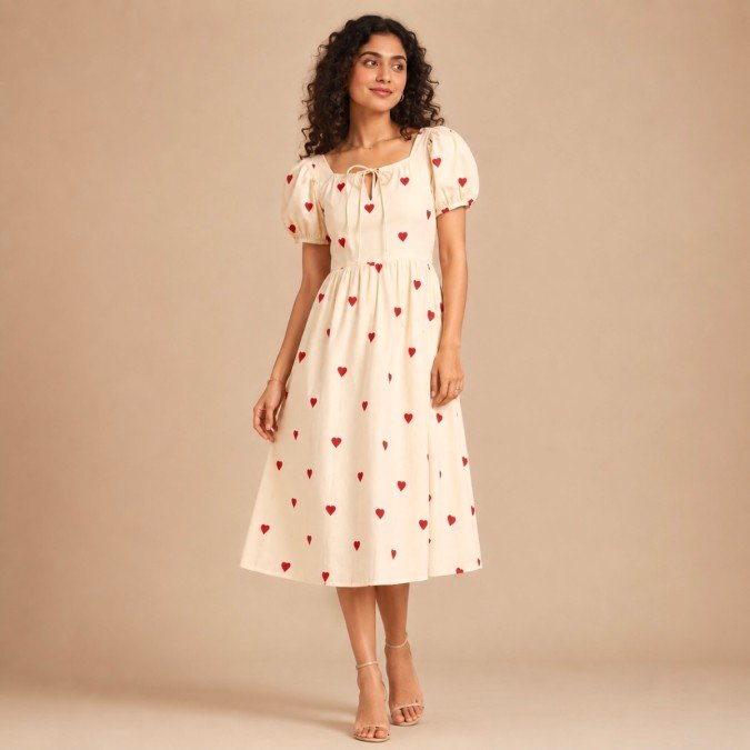 Women's cream midi dress with red heart print, puff sleeves and tie-neck detail