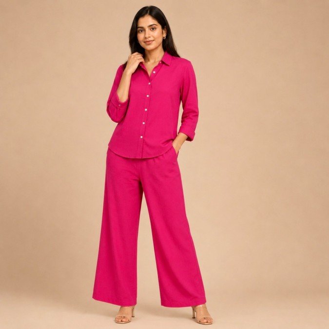 Women's hot pink Mal cotton co-ord set with button-down shirt and wide leg trousers