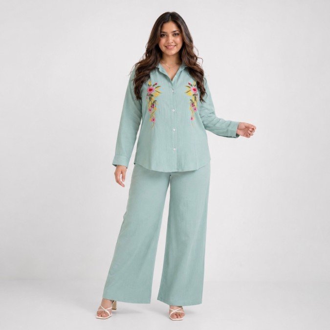 Women's mist blue Mal Cotton co-ord set with floral embroidery and wide leg trousers